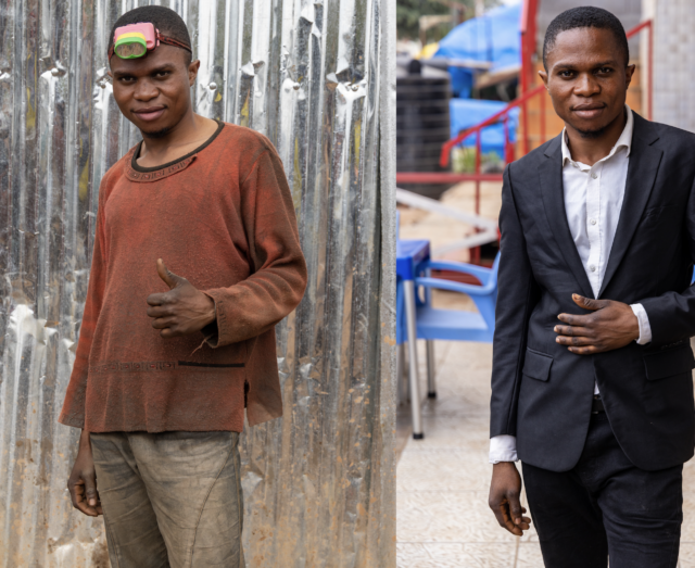 young artisanal miner shown in his dirty clothes, barefoot, next to an image of him in a smart suit